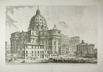 A vatikáni Szent Péter-bazilika külsejének látképe, a Views of Rome (Róma látképei) oldalról.