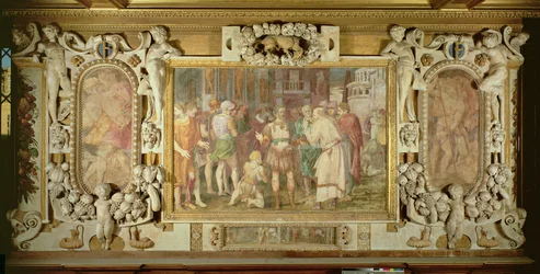 Az államegyesítés, az I. Ferenc Képtár dekorációs sémájának részlete, 1530-40 freskó és stukkó