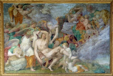Adónisz halála, I. Ferenc fontainebleau-i galériájának 5. déli boltszakaszában lévő freskó. Giovanni Battista di Jacopo Rosso (1494-1541) festménye