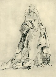 Egy hölgy, aki magas gallérral és hegyes míderrel ellátott ruhát visel, 18. század eleje, 1943.