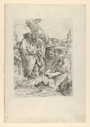 Varázslók és más alakok előtt térdelő nő a Scherziből, kb. 1743-50.