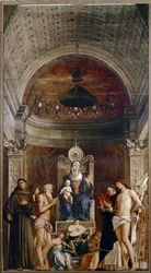 Szent Jób oltárképe: Szűz és gyermek hat szenttel és zenészekkel, angyalok (tempera a táblán, kb. 1487)