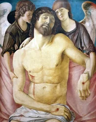Német: Der tote Christus, von zwei Engeln gestützt A halott Krisztus, akit két angyal támogatott.