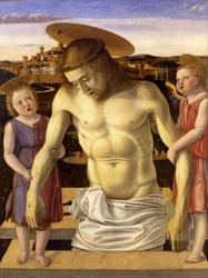 Olaszul:  Cristo morto sorretto da angeli Halott Krisztus, akit két angyal támogatott.