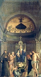 Madonna és a gyermek trónolt az SS között. Ferenc, Keresztelő János, Jób, Domonkos, Sebastian és Lajos (a San Giobbe-oltárkép) 1487 körül (részletekért lásd: 61101 és 276359)