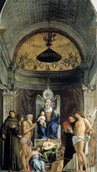 Madonna és gyermek, zeneangyalok és szentek Ferenc, Keresztelő János, Jób, Domonkos..., 1487 körül