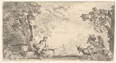 Priapus szobra tövében fekvő szatír, jobbra kecskék, kb. 1645-48.