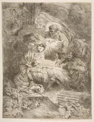 Az Atyaisten a Szűzet és a Gyermeket figyeli, jobbra angyalok, kb. 1645-47.