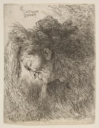 Egy öregember feje lefelé néz, balra néz, a Kis fejek sorozatból, kb. 1645-1650.