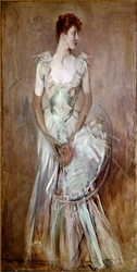 Gyönyörű időszak: "" Leusse grófnőjének portréja nee Berthier"" Nő elegáns fehér estélyi ruhában. Giovanni Boldini (1842-1931) festménye V. 200x105 cm Pistoia, Boldini Collection