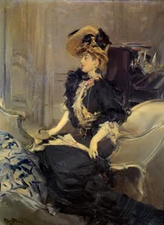 Belle Époque: „A látogatás” Elegáns fiatal nő estélyi ruhában.