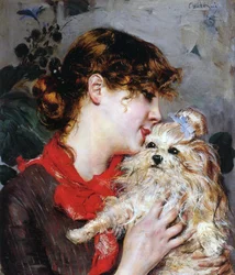 Rejane színésznő és kutyája, 1885 körül (olaj, panel)