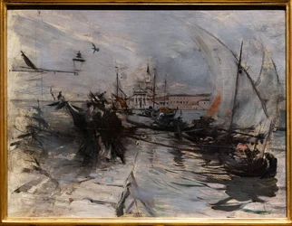 Velence, St. Giorgio Maggiore a város felől nézve, 1885 körül (olaj, tábla)