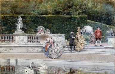 A versailles-i kert látképe 18. századi ruhába öltözött emberekkel