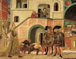 Susanne történetei, 1450 körül, festett láda előlapja, Giovanni di Ser Giovanni, más néven Lo Scheggia (1406-1486), tempera, fa, részlet