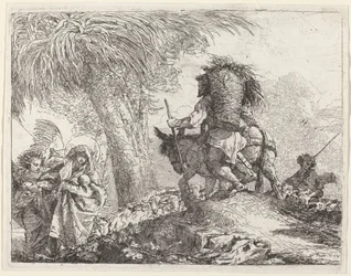 A repülés, József jobbra, Mária és Angyal balra