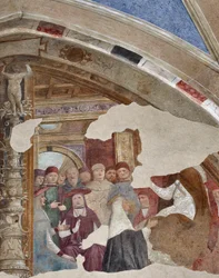 Sienai Szent Katalin ábrázolása XI. Gergely pápa előtt Giovanni Donato da Montorfano avignoni freskója (1460-1502) A Bolla-kápolna kerete, bal oldali hajó (Sienai Szent Katalin XI. Gergely pápa előtt Avignonban) Freskó Giovanni Dona