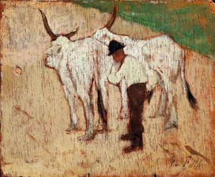 Pásztor és szarvasmarha, Giovanni Fattori (1825-1908), olaj, panel
