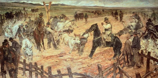 Fiatal bikák jelölése Maremmában, Giovanni Fattori (1825-1908), olaj, vászon, 885 cm x 175