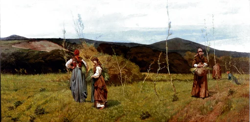 Paraszt macchiaiole a mezőkön aratás közben. Giovanni Fattori (1825-1908) festménye 1866-1867 Dim. 90x180 cm Milánó, magángyűjtemény