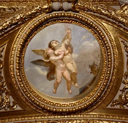 Szeretet. Giovanni Romanelli (1601-1662) festménye Anna osztrák királyné (1601-1666) nyári apartmanjainak hálószobája, Antonine Hall mennyezetét díszíti. 1655-1658 körül. Párizs, Louvre Múzeum.