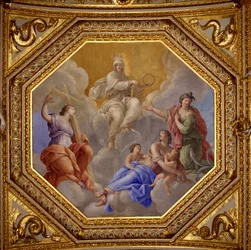Vallás és teológiai erények (Hit, Szeretet, Esperance). Giovanni Romanelli (1601-1662) festménye Anna osztrák királyné (1601-1666) nyári apartmanjainak hálószobája, Antonine Hall mennyezetét díszíti. 1655-1658 körül. Párizs, Louvre Mus