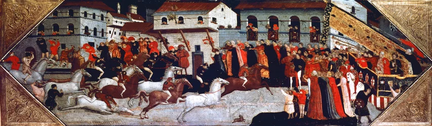 Palio lóverseny Firenze utcáin, Giovanni di Francesco Toscani (kb. 1370-1430) festménye, a tábla részlete a cassone-ból (láda), Olaszország
