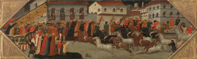 Panel egy Cassone-ból: A palio versenye Firenze utcáin, 1418.
