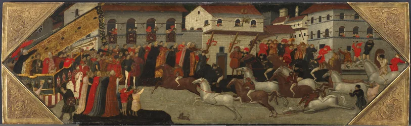 Panel egy Cassone-ból: A palio versenye Firenze utcáin, 1418