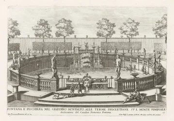 Szökőkút és halastó a római Villa Montalto kertjében Fontana e pischiera nel giardino Montalto alle Terme Diocletiane (...) (cím a tárgyon) Le fontane ne palazzi e ne giardini di Roma (sorozat címe) Szökőkutak Ro palotáiban és kertjeiben