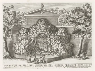 Fontein a Villa Borghese Rómában Rusztikus szökőkút Mr. prencipe Borghese kertjében (...) (cím a tárgyon) Szökőkutak a római palotákban és kertekben (sorozat címe) Fonteinen in de paleizen en tuinen van Rome (sorozat címe)