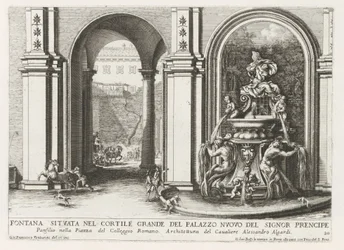 Fontein in een binnenplaats van het Palazzo Doria Pamphilj te Rome Szökőkút a Palazzo Nuovo del Signor prencipe nagy udvarában (...) (cím a tárgyon) Szökőkutak a római palotákban és kertekben (sorozat címe) Fonteinen in de paleizen en tu