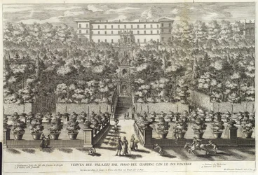 Kilátás a palotára a kertszintről a szökőkutakkal, a La Fontane kocsmából. c 1691
