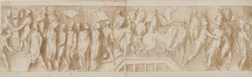 Tábort építő római katonák (LXXXII vége); címet (LXXXIII.); A rómaiak pontonhídon átkelnek egy folyón (LXXXIV); nőket vesznek fogságba (LXXXV. eleje)