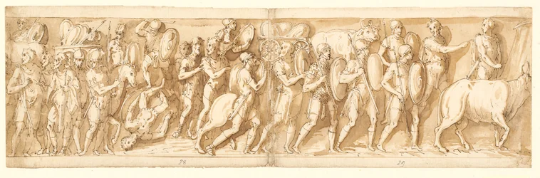 Rómaiak a menetben (XXXVI); Marcus Aurelius, Pompeius és egy kísérője nézik a menetet (XXXVII); menet megállítása (XXXVIII)