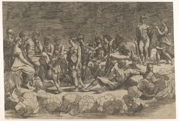Az Istenek Gyülekezete a mennyezeti kompozíció után a Loggia di Psiche-ben, Villa Farnesina..., 1527.