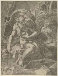 Diogenész hordójával a háta mögött ül, és könyvet olvas, miközben egy pálcát tart..., kb. 1526-27.