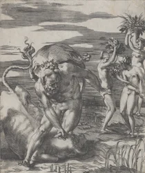 Herkules legyőzi Achelous folyóistent egy bika alakjában, három nővel t..., kb. 1526-27.