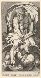3. tábla: Jupiter egy résből kiemelkedik, sason lovagol, villámot tart a kezében, 1526.