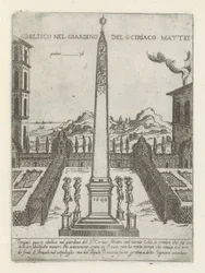 Obeliszk Ciriaco Mattei-ben Obeliszk S ciriaco Mattei kertjében (cím a tárgyon) Moderne en antieke monumenten en bouwwerken in Rome (sorozat címe) Róma almaváros ókori és modern épületeinek díszei (sorozat címe)