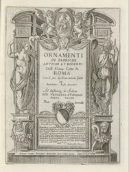 Címnyomat allegorikus figurákkal és puttival Modern és ókori műemlékek és épületek Rómában (sorozat címe) Ornamenti di fabriche antichi et modern dell