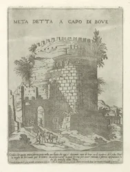 Tombe van Caecilia Metella Rómában Meta mondta az ökör élén (cím a tárgyon) Moderne en antieke monumenten en bouwwerken in Rome (sorozat címe) Róma almaváros ókori és modern épületeinek díszei (sorozat címe)