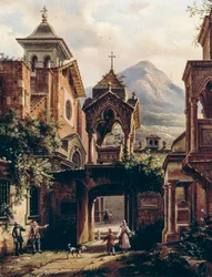 Az ókori apátság külseje személyekkel, Giovanni Migliara (1785-1837) (Teodolinda Migliara aláírásával), olaj, fedélzeten