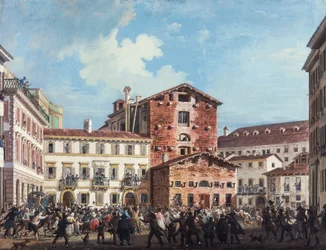 Milánó, dühös tömeg megtámadja Giuseppe Prina pénzügyminiszter házát, április 20