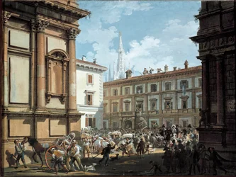 Giuseppe Prina házát kifosztó milánói polgárok I. Napóleon bukása idején, 1814-ben (olaj, vászon