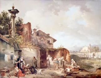Az apácák kolostorának mosókonyha, Giovanni Migliara (1785-1837), olaj, vászon, 72x55,5 cm