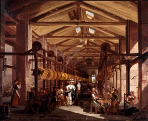 Mylius fonóműhelye Boffalora Ticino Milánó mellett Giovanni Migliara (1785-1837) festménye 1828 Olaj, vászon, magasság: 44 cm Menaggio, magángyűjtemény