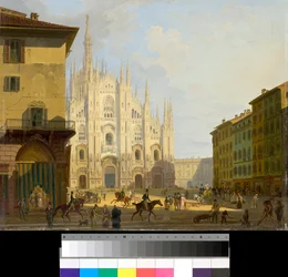 A milánói Piazza Duomo látképe, Olaszország (Dóm tér Milánóban) Giovanni Migliara (1785-1837) festménye 1828 Magángyűjtemény