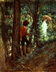 Erdőben, Giovanni Mochi (1829-1893), olaj, vászon, 27x22 cm