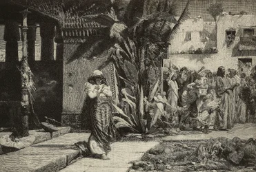 Magdolna, nő turbános körmenettel a közel-keleti faluban, Cantagalli fivérek metszetei Giovanni Muzzioli (1854-1894) festményéből, Modena, Olaszország, L
